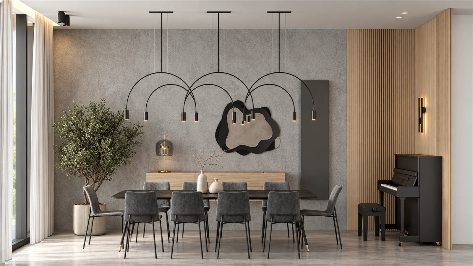 Dining area with arched pendant lights & a timber-lined piano corner