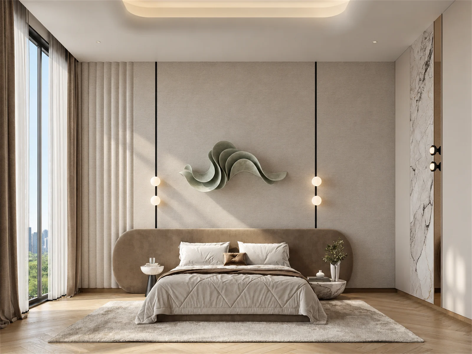 Main bedroom with olive upholstery & sculptural wall art