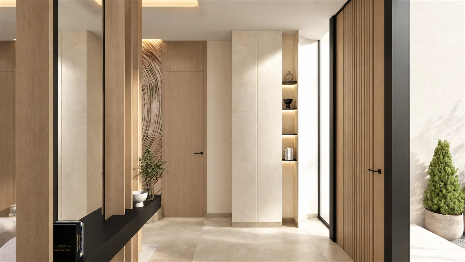 Entrance passage with a floating console & illuminated niches