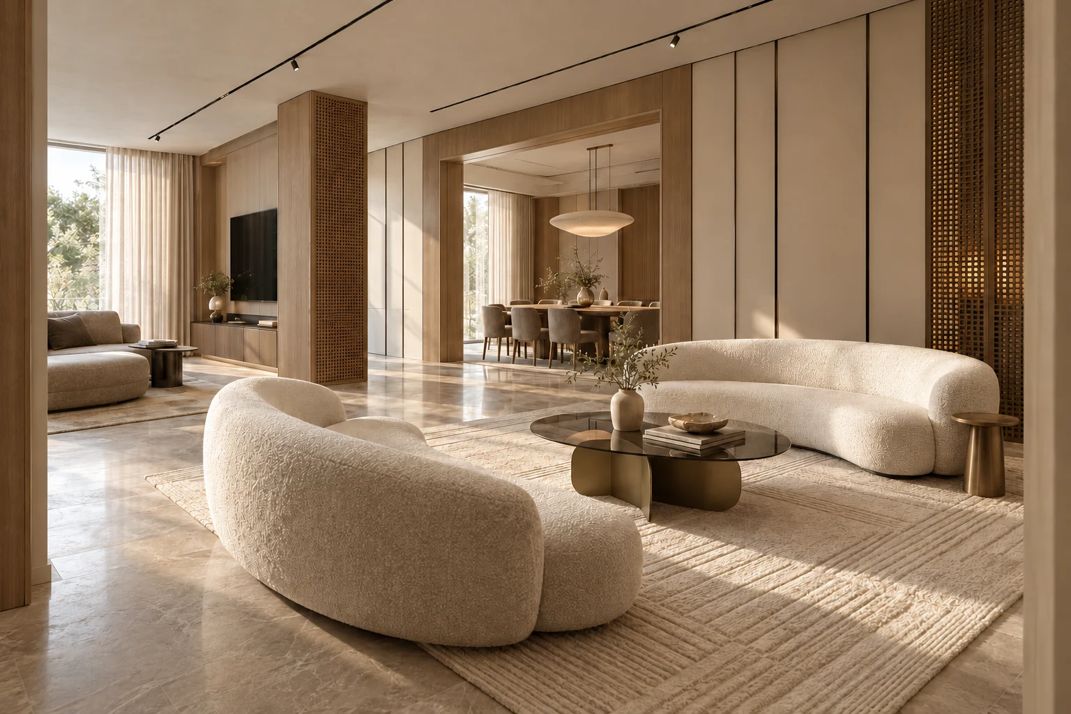 Curved reception seating & connected living spaces