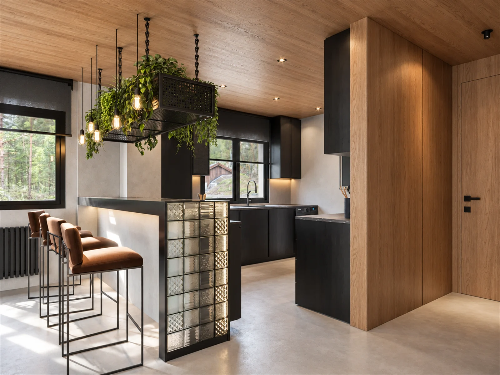 Kitchen bar with a glass-block end panel and warm timber surrounds