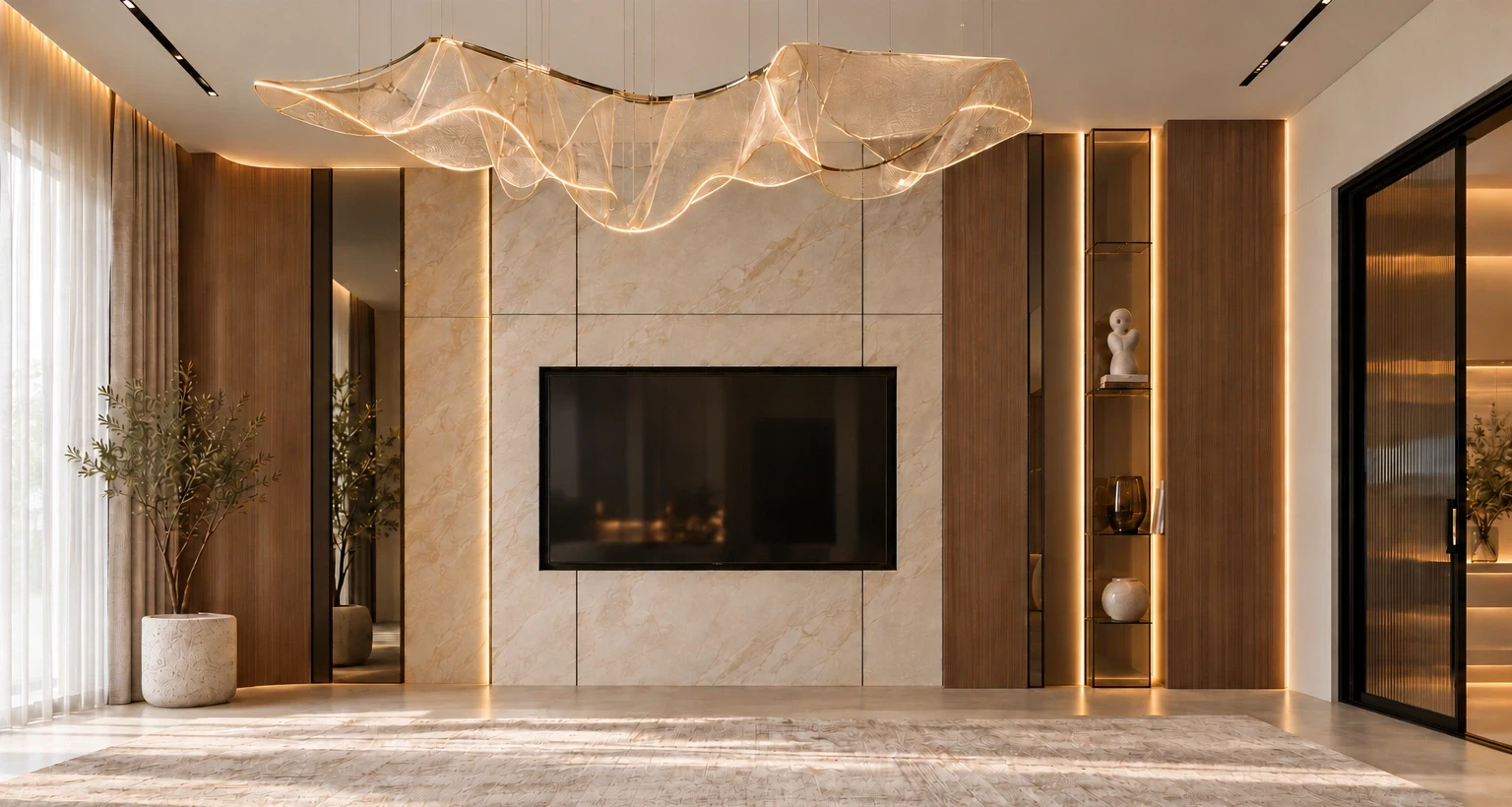 Marble television wall with warm wood and illuminated shelving