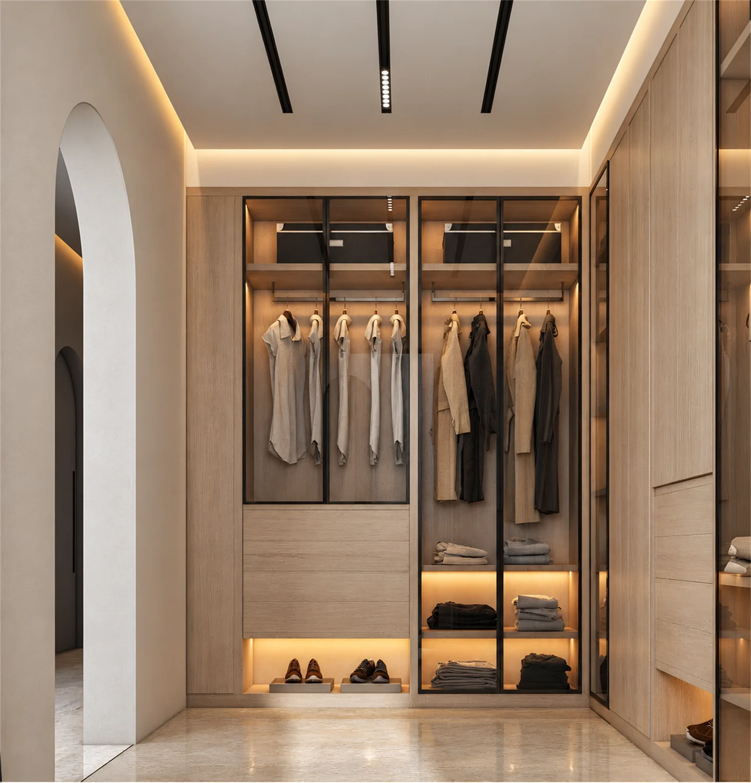 Open wardrobe & organised display shelves