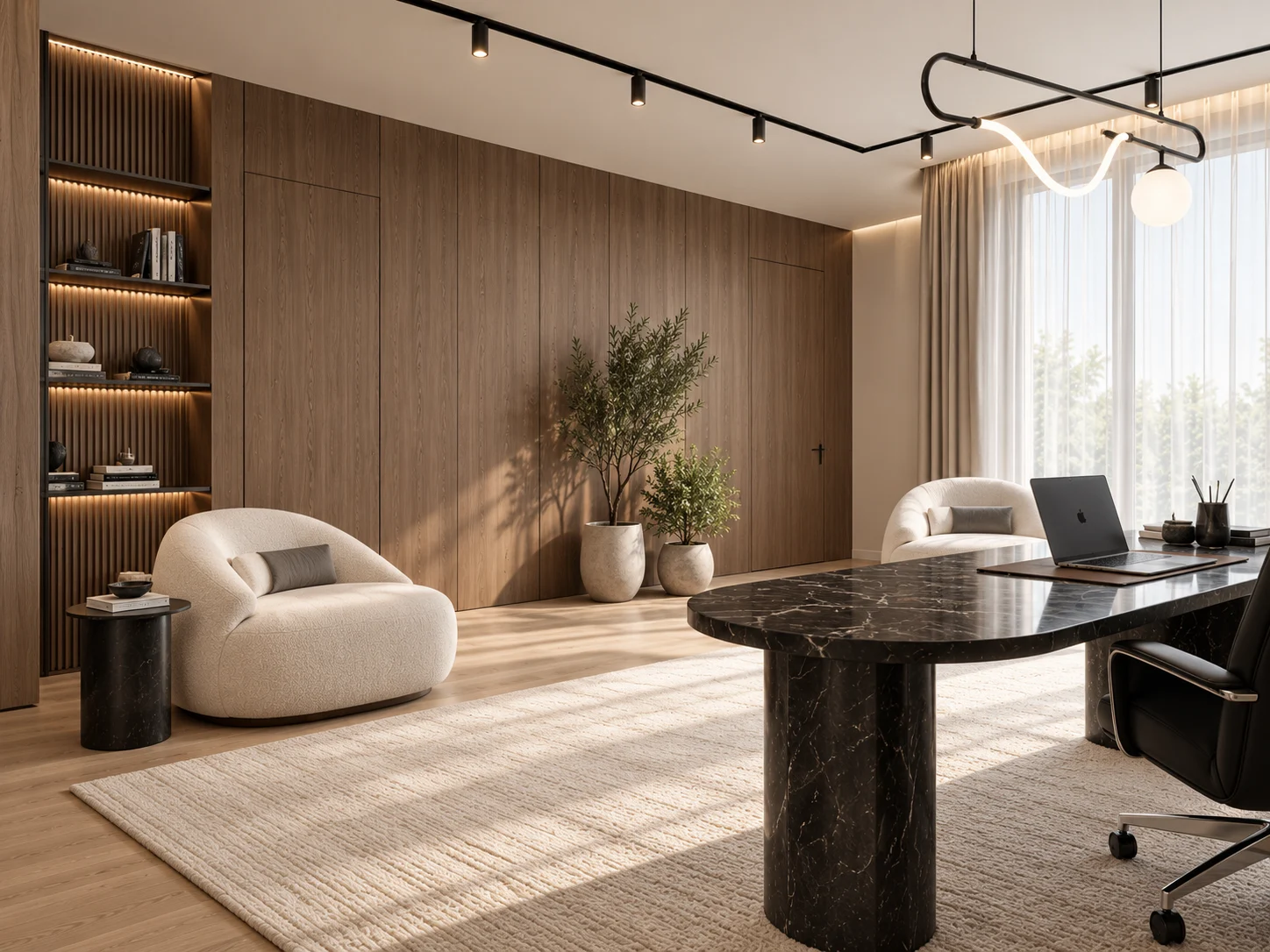 Office seating corner with curved armchairs against a timber-panelled wall