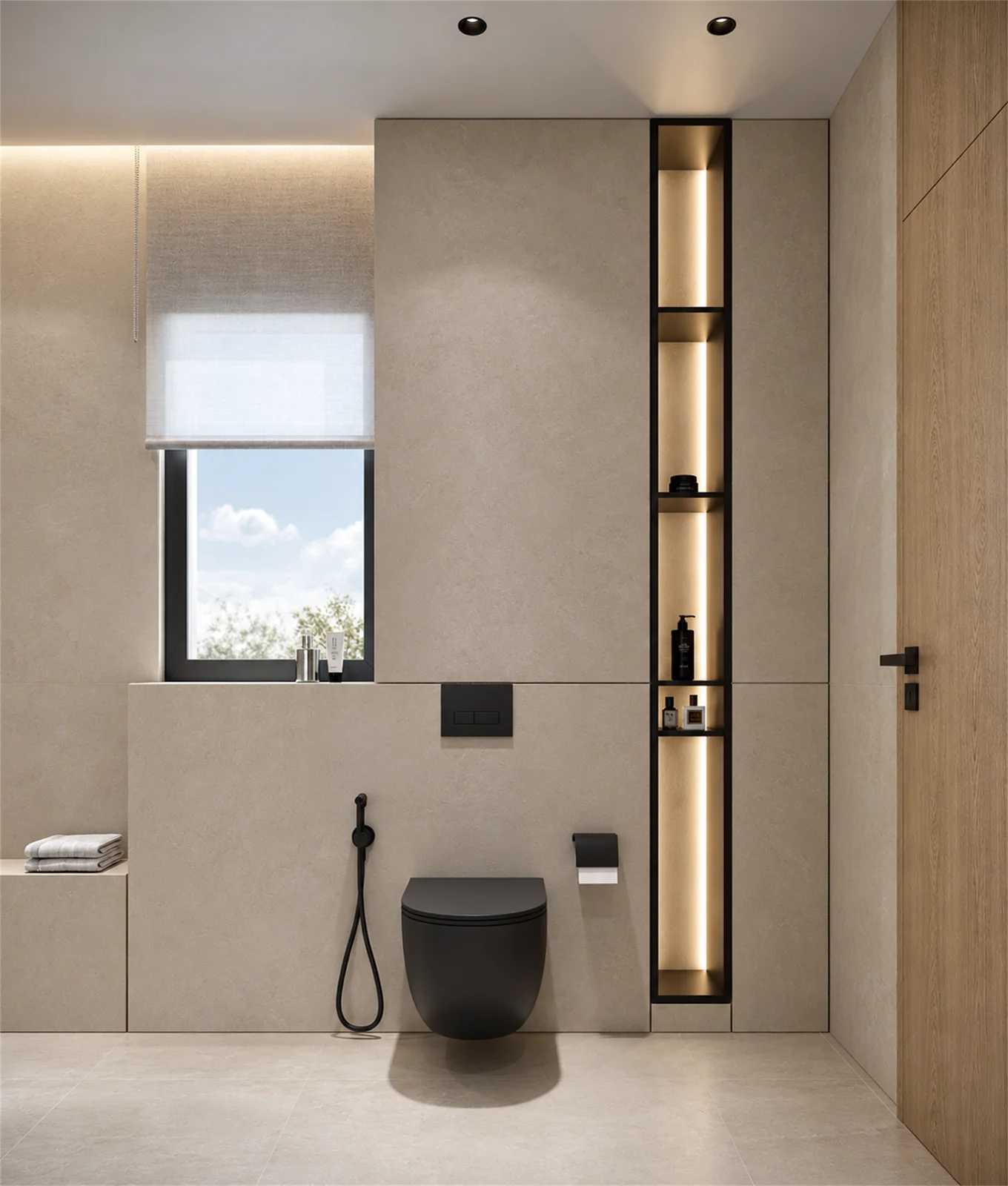 Bedroom bathroom with recessed storage & dark fittings