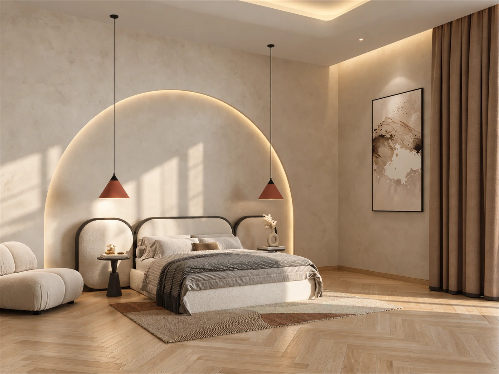 Bedroom with curved upholstery & warm timber accents