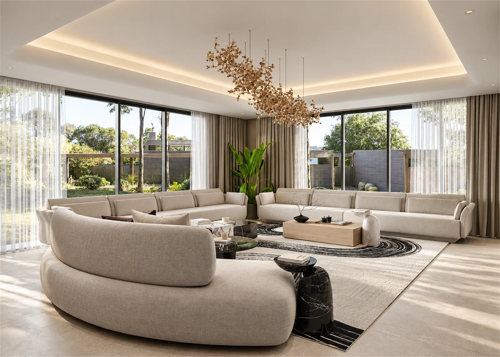 Majlis with curved sofas & a branching statement chandelier