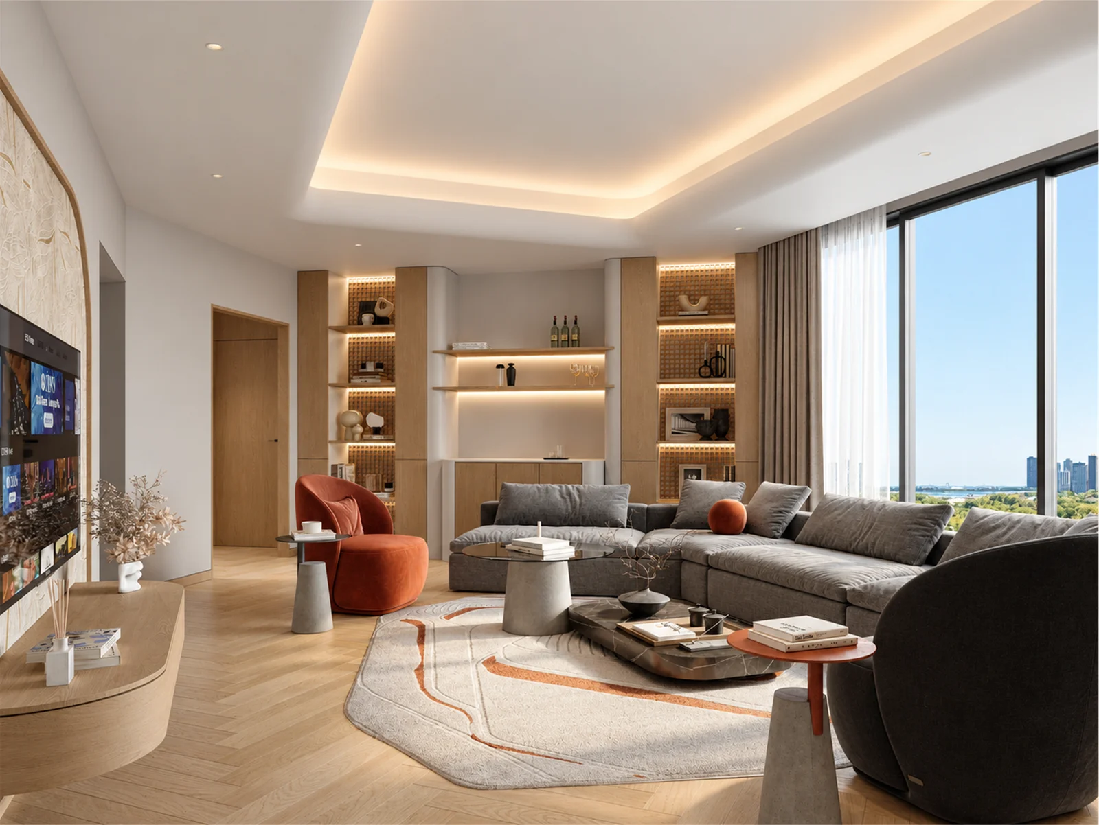 Family lounge with illuminated shelving & rust-coloured accents
