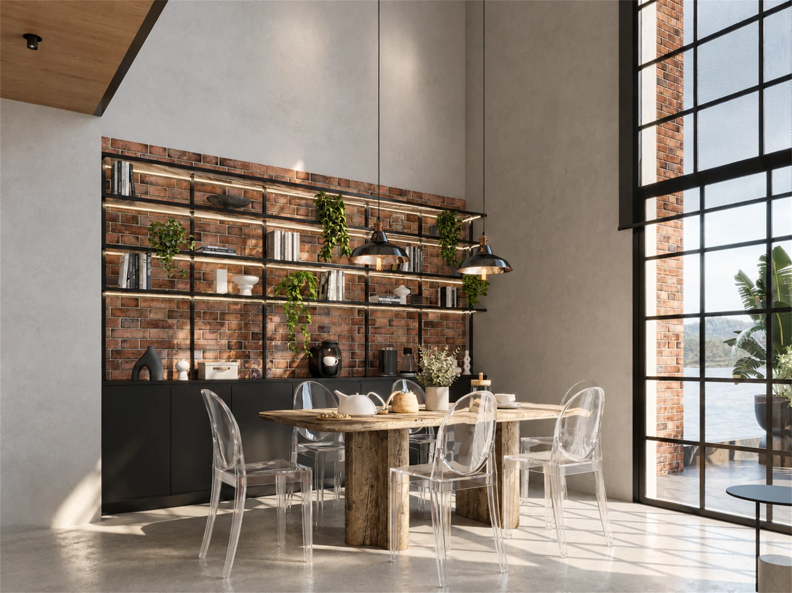 Dining corner with transparent chairs and open shelving against exposed brick