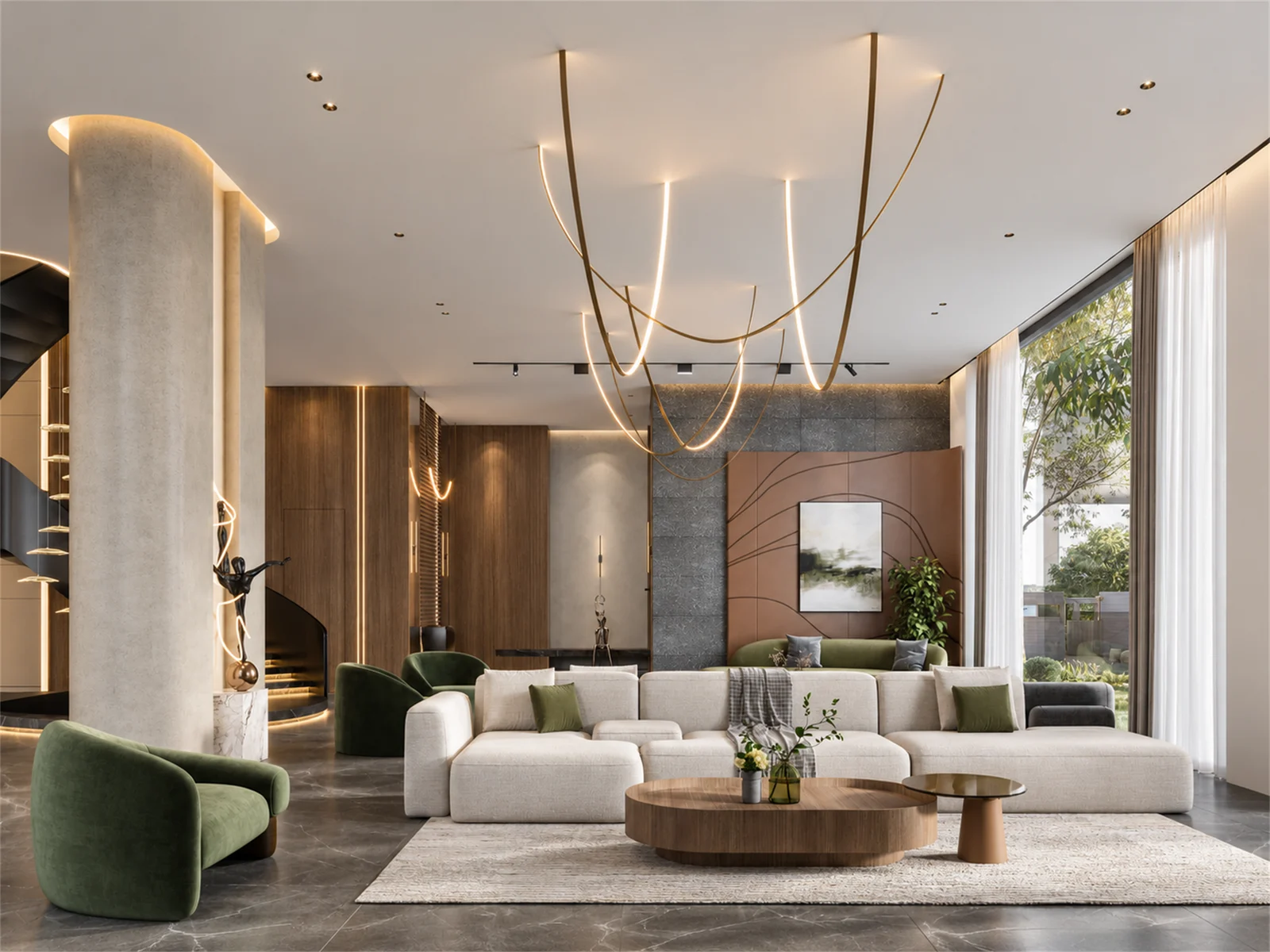 Layered reception seating & flowing pendants