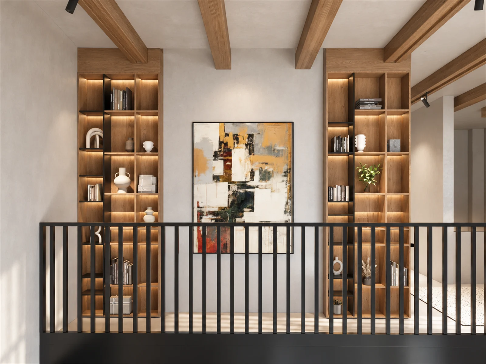 Mezzanine display shelves with integrated lighting framing an abstract artwork