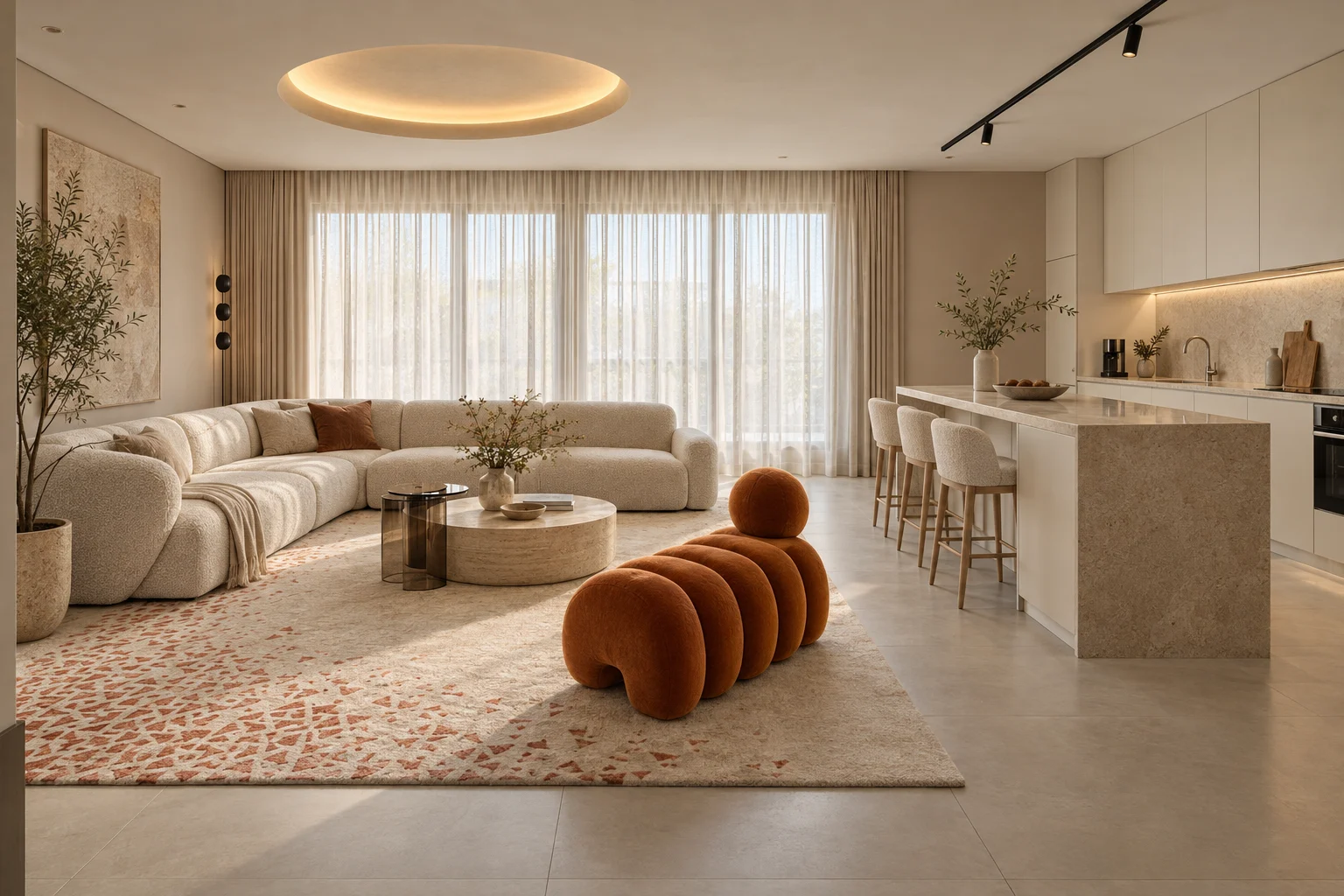 Open living room & kitchen with sculptural rust-toned seating