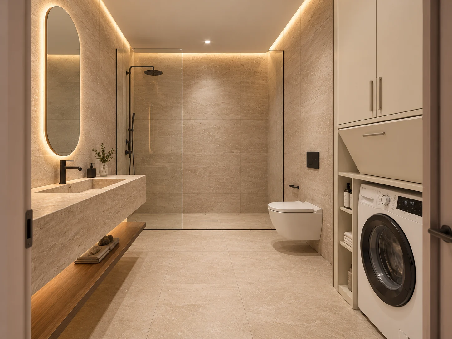 Stone-toned bathroom with a walk-in shower & integrated laundry storage