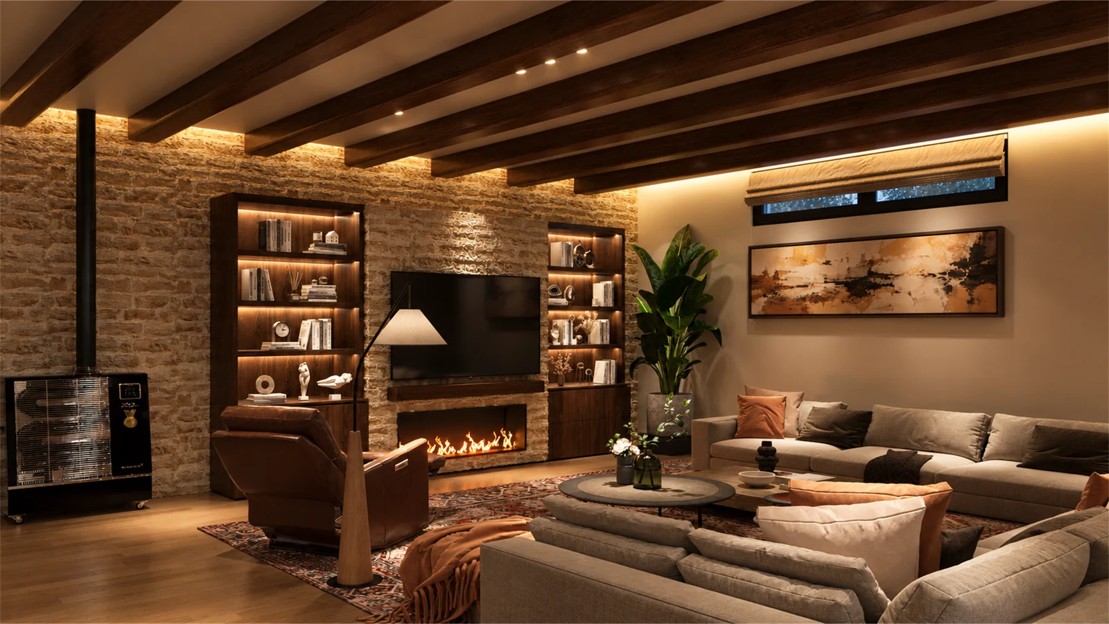Fireplace lounge with illuminated bookshelves, layered tables and soft textiles