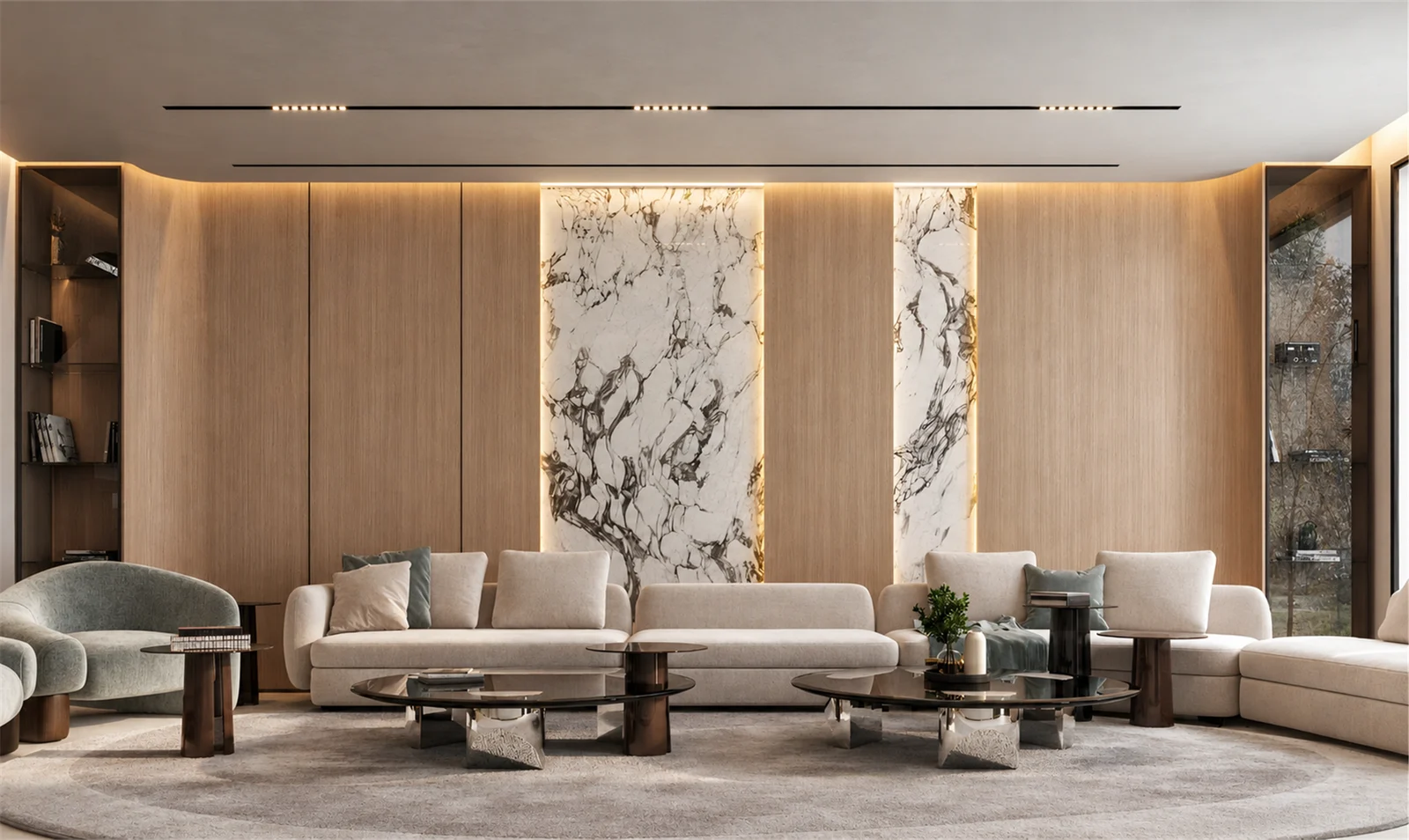 Reception seating & veined stone wall panels