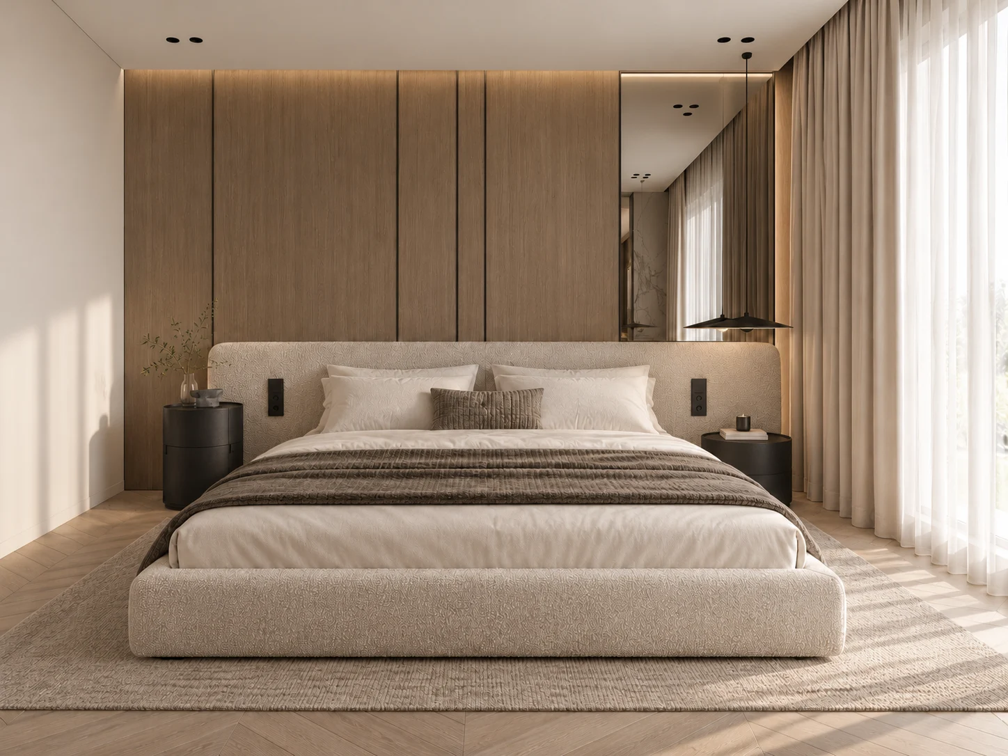 Main bedroom with a timber headboard wall & layered neutral textiles