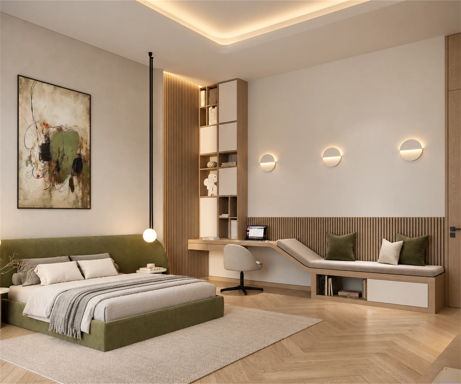Bedroom seating nook & integrated desk with illuminated shelves