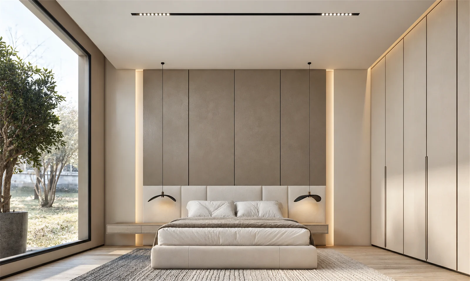 Bedroom with a tall panelled headboard