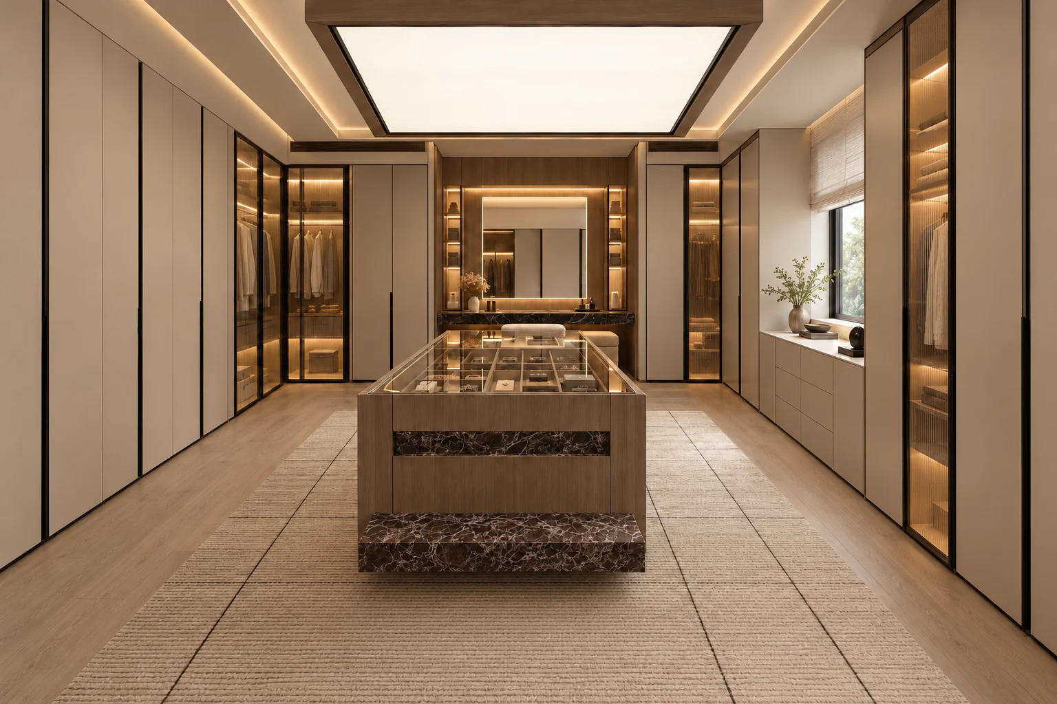 Walk-in dressing room arranged around a glass-topped accessories island