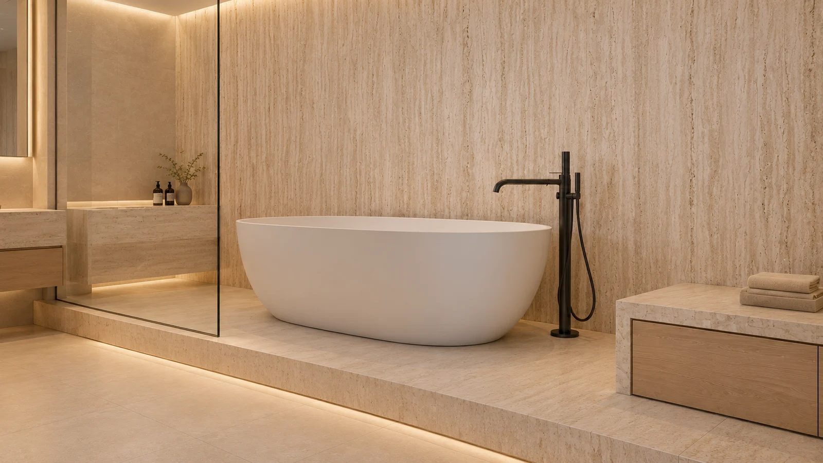 Freestanding bathtub on a raised stone platform beside a glazed shower