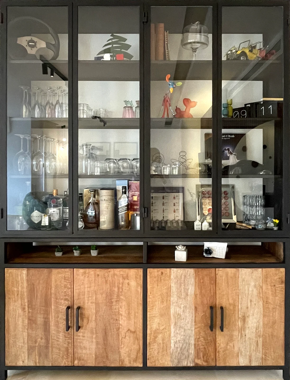 Glass-front cabinet & collected objects