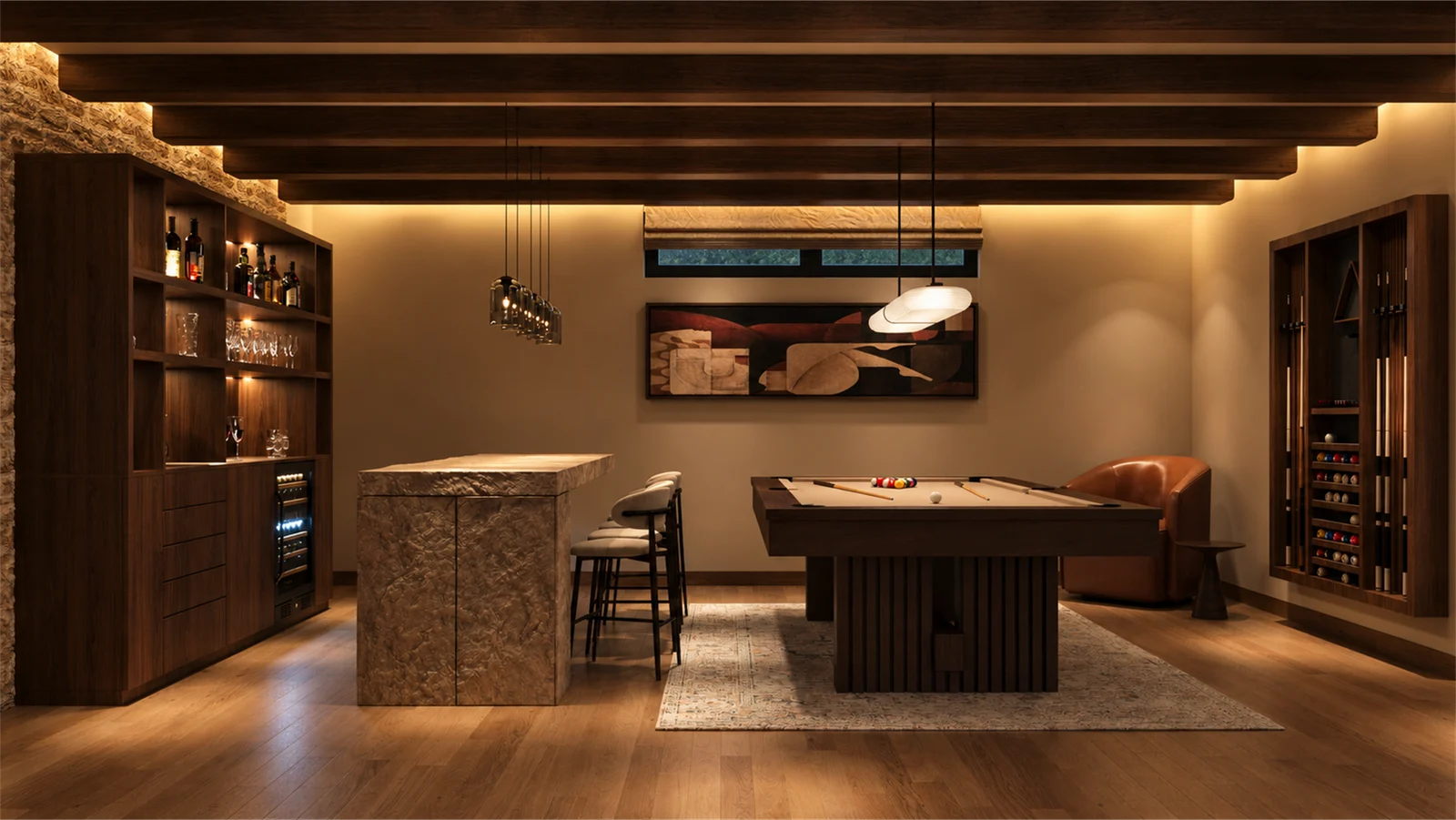 Stone bar counter and pool table beside a leather-toned lounge chair