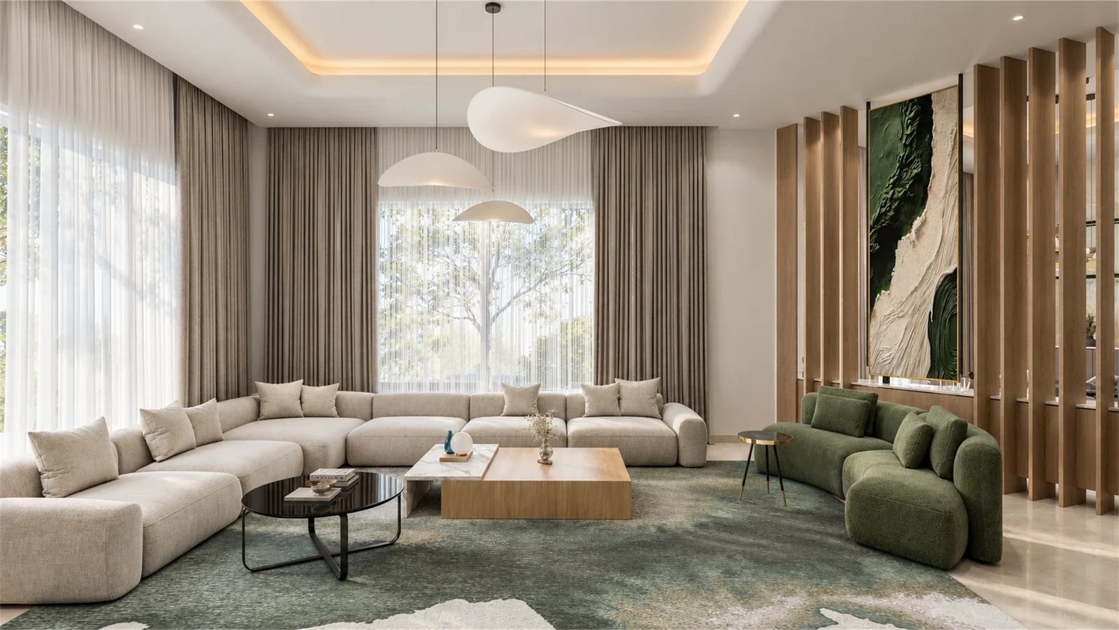 Family sitting room with ivory sofas & deep green accents