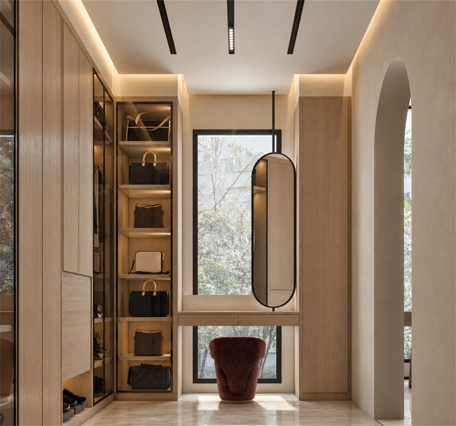 Dressing room & suspended oval mirror