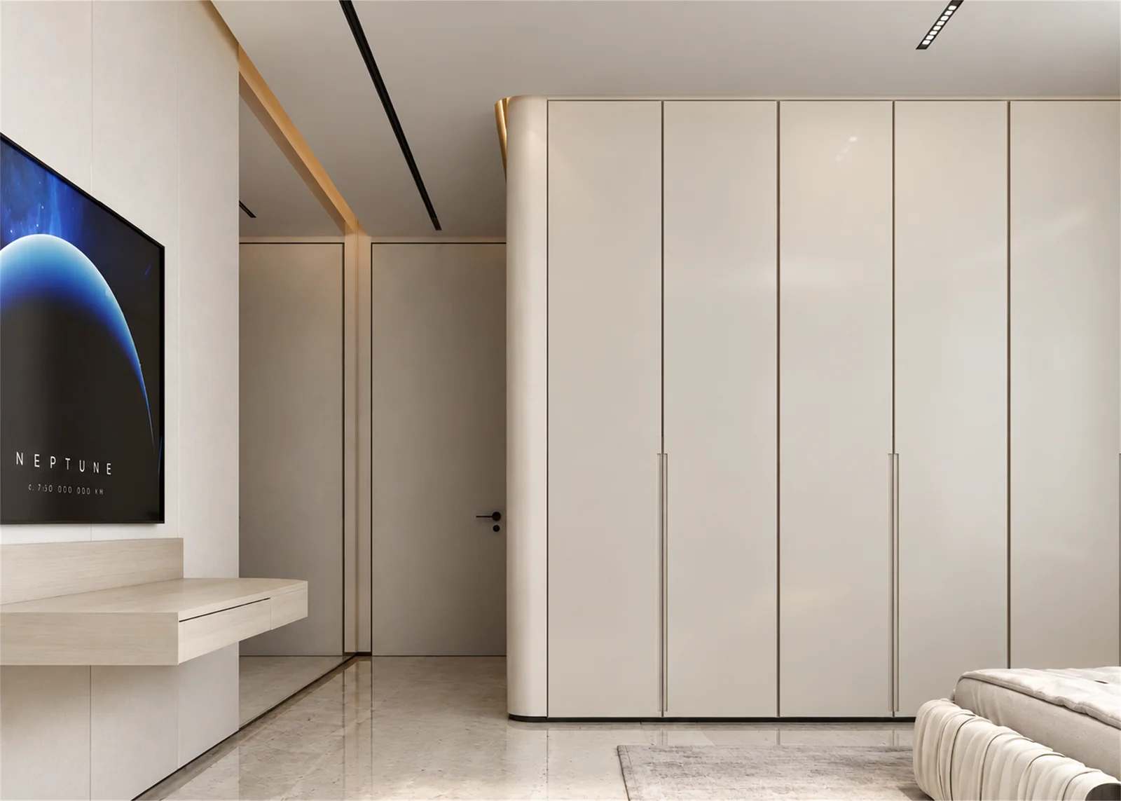 Rounded wardrobe corner & bedside storage