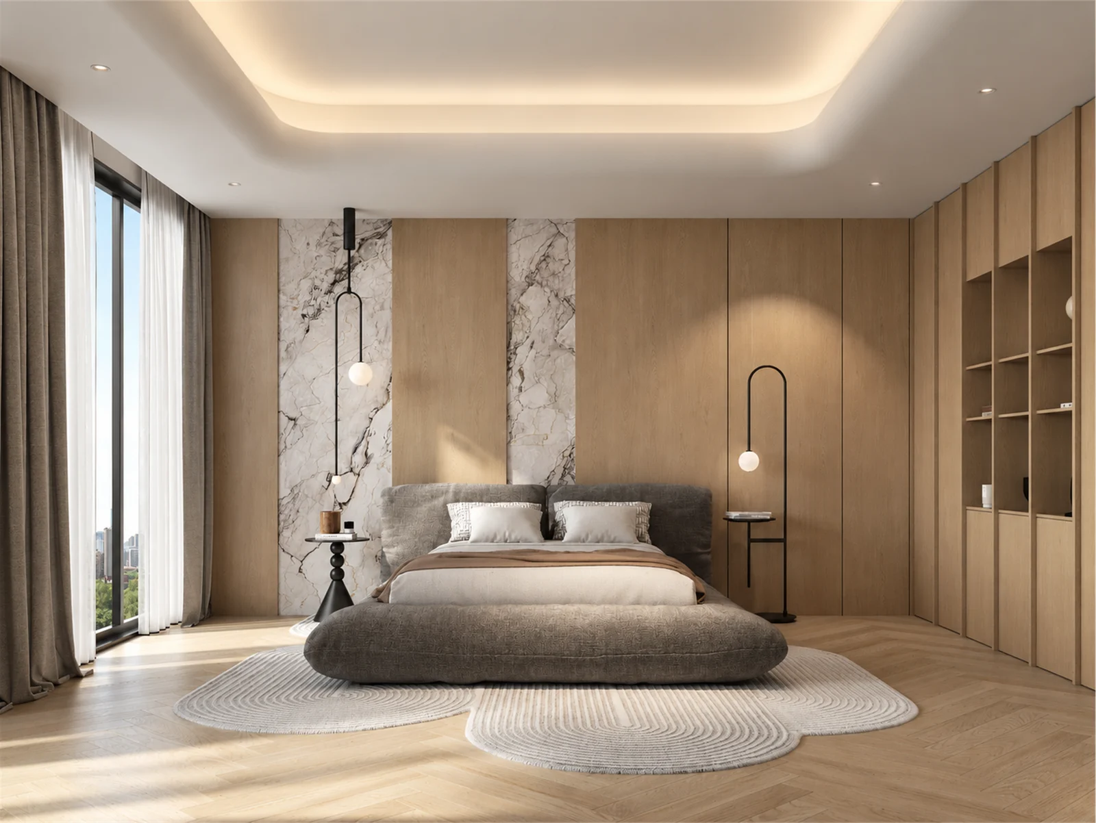 Main bedroom with timber panelling & veined headboard accents