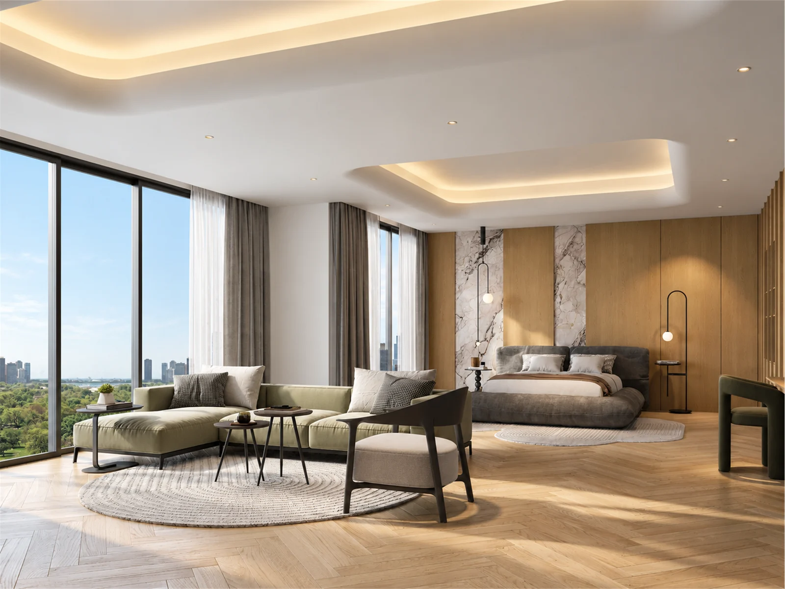 Main suite overview with timber cabinetry & panoramic glazing