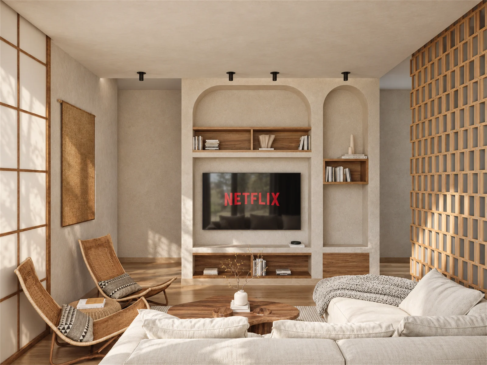 TV wall with arched display niches