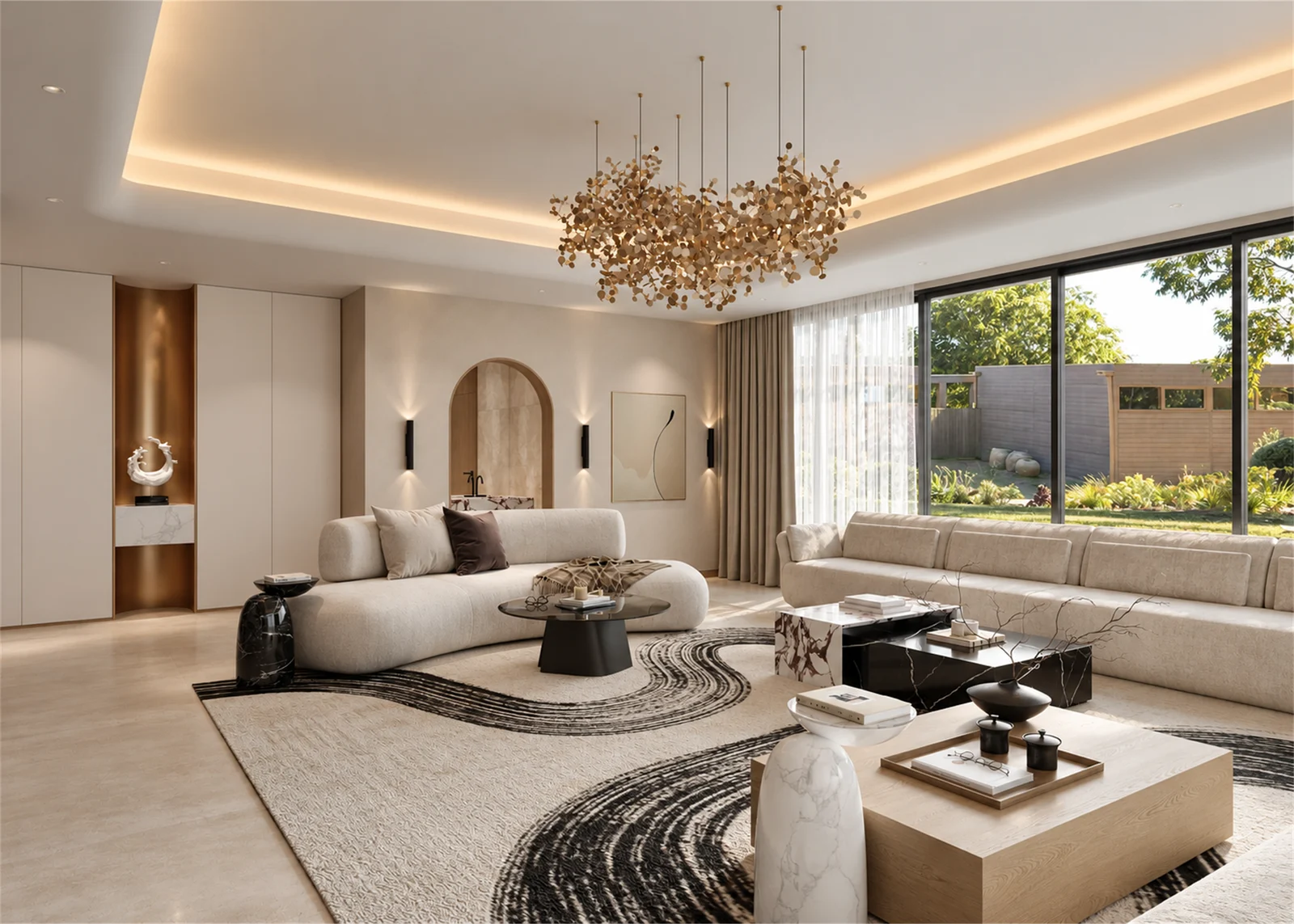 Sunlit majlis with layered seating & garden views