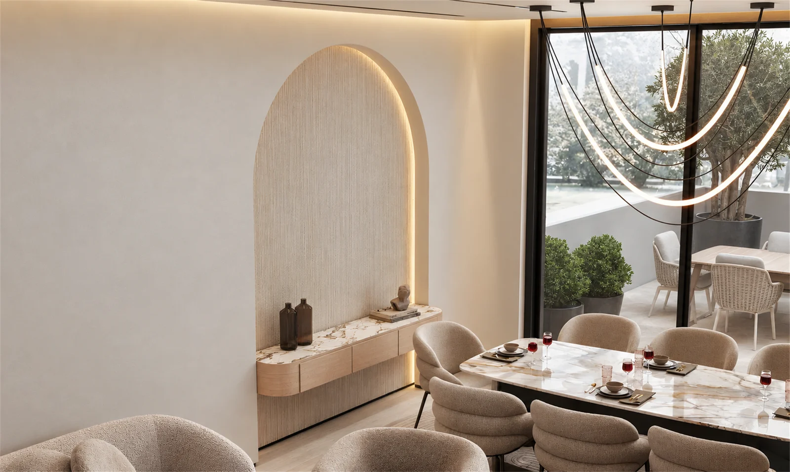 Dining area & illuminated console niche