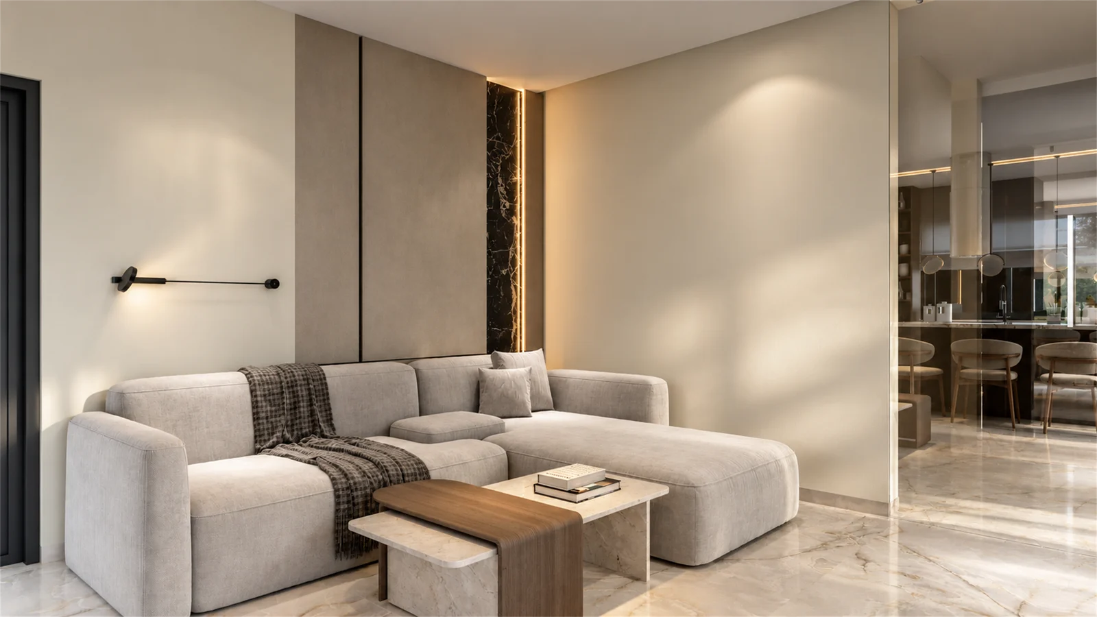 Sitting nook with softly lit wall panels