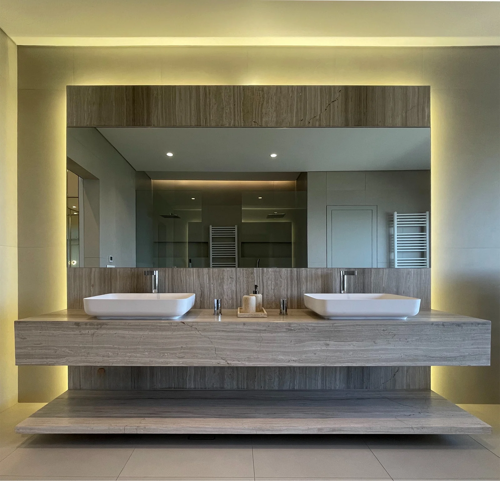 Double vanity & illuminated mirror